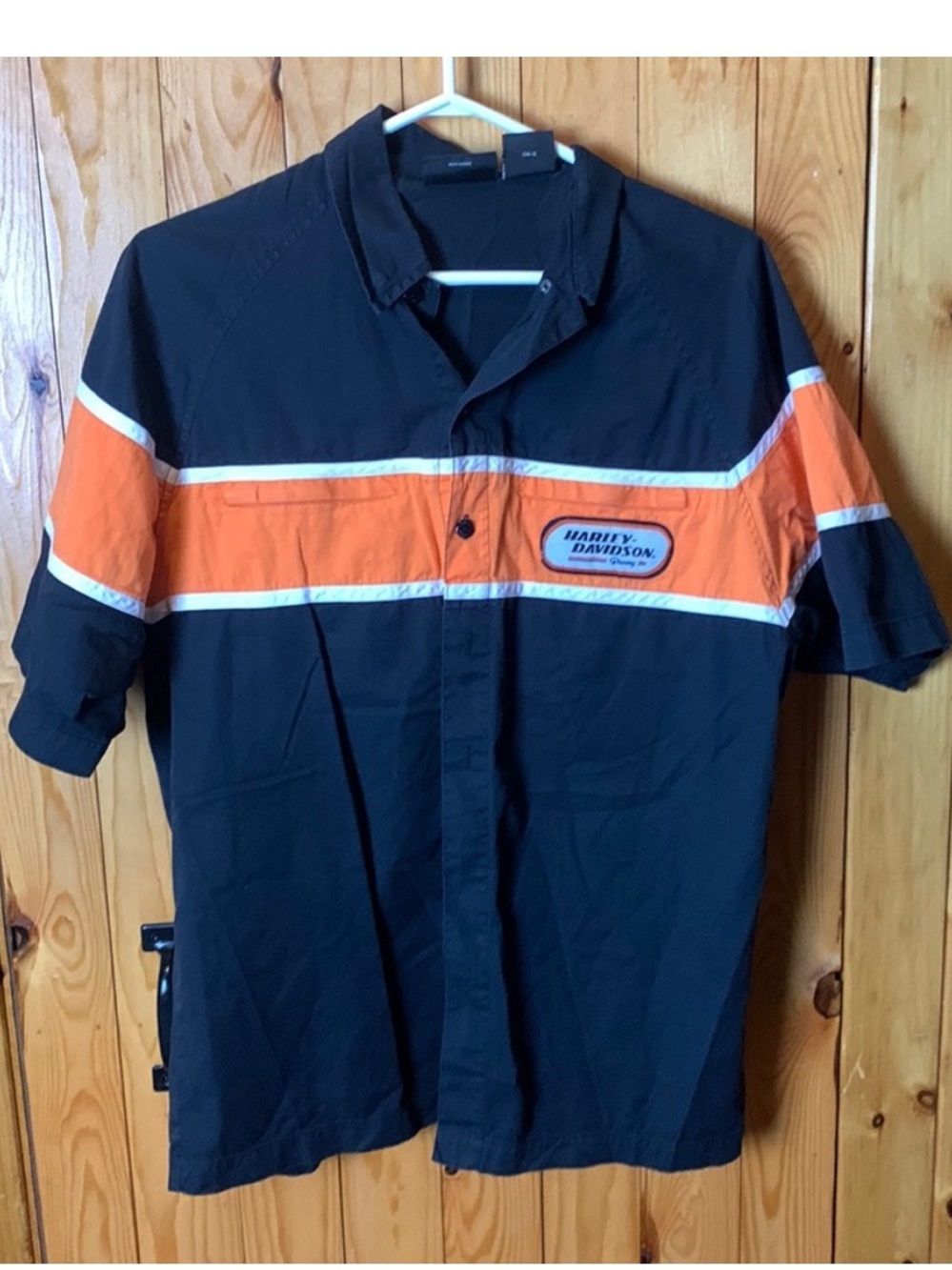 Vintage Y2K Harley-Davidson Men’s Black & Orange Short-Sleeve Mechanic Shirt